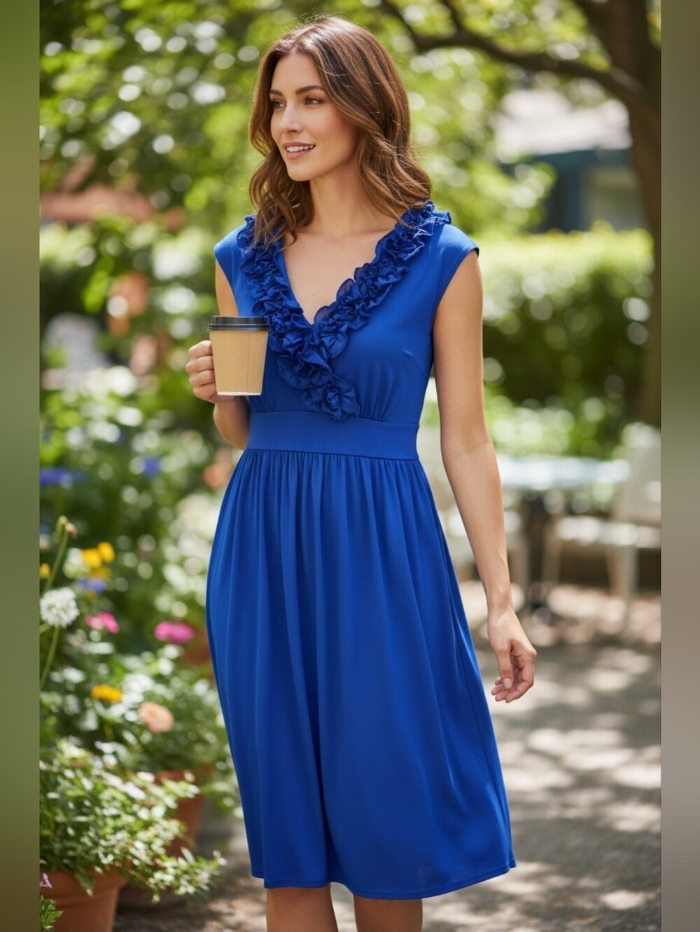 😎SALE😎 Maggy London Dress Royal Blue Ruffle V Neck sz.6